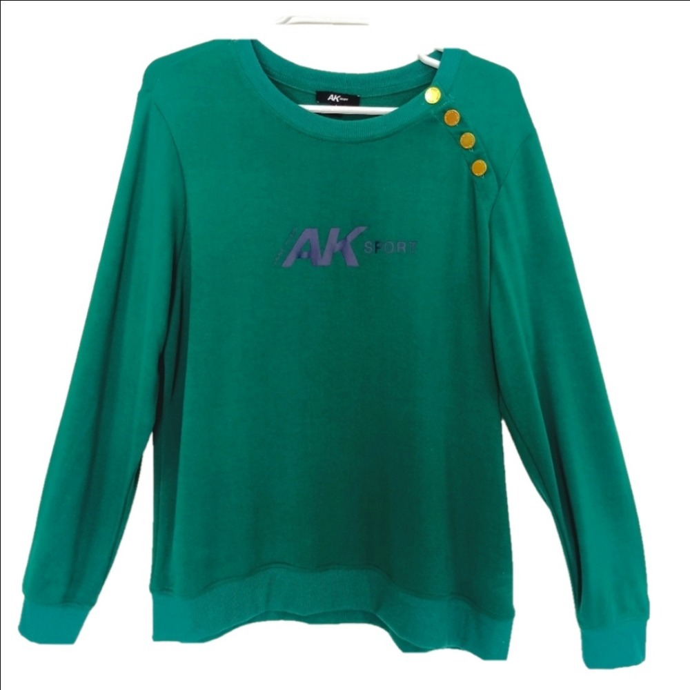 Anne Klein Sport Sweatshirt Women Size L Green Gold Button Cohen DAKK208-ALG
